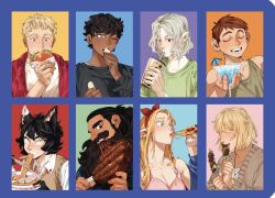 Rule 34 | 3girls, 5boys, animal ears, beard, biting, black eyes, black hair, black sweater, blonde hair, blue eyes, blue jacket, body fur, boned meat, bowl, bubble tea, burger, cardigan, casual, cat ears, cat girl, cheese trail, chilchuck tims, chopsticks, closed eyes, closed mouth, cocktail umbrella, collarbone, collared shirt, column lineup, commentary, cup, dark-skinned male, dark skin, disposable cup, drink, drinking, drinking glass, drinking straw, drinking straw in mouth, dungeon meshi, dwarf, earrings, eating, elf, english commentary, facial hair, facing viewer, falin touden, food, food on face, food wrapper, green eyes, green shirt, grey cardigan, grey tank top, hair between eyes, hair pulled back, half updo, halfling, hand up, hands up, happy, holding, holding bowl, holding cup, holding drink, holding food, holding pizza, holding skewer, izutsumi, jacket, jesuistae, jewelry, kabru, laios touden, long beard, long hair, long sleeves, looking ahead, looking at viewer, looking down, marcille donato, meat, mismatched animal ear colors, mithrun, multiple boys, multiple girls, mustache, noodles, notched ear, o-ring, off shoulder, one eye closed, open mouth, orange eyes, parted bangs, pizza, pizza slice, pointy ears, ramen, red hair, red jacket, senshi (dungeon meshi), shirt, short hair, simple background, skewer, sleeveless, slit pupils, softboiled egg, spaghetti strap, sweater, sweater vest, t-shirt, tank top, uneven eyes, white shirt, yellow eyes
