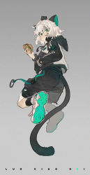 Rule 34 | 1boy, animal ears, black shorts, black socks, burger, cat boy, cat ears, cat tail, character name, crosschigao, eating, food, gradient background, green eyes, grey background, hand in pocket, heart, heixiu, highres, legs up, long sleeves, looking at viewer, luo xiaohei, luo xiaohei (human), luo xiaohei zhanji, shoes, short hair, shorts, socks, solo, tail, white hair