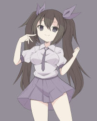 Rule 34 | 1girl, breasts, brown hair, closed mouth, cowboy shot, dekaraitaa, grey background, hair between eyes, hair ribbon, hands up, highres, himekaidou hatate, long hair, looking at viewer, medium breasts, pleated skirt, puffy short sleeves, puffy sleeves, purple eyes, purple ribbon, ribbon, shirt, short sleeves, simple background, skirt, smile, solo, standing, touhou, twintails, very long hair, white shirt