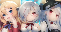 Rule 34 | 3girls, abercrombie (azur lane), ahoge, azur lane, bare shoulders, blonde hair, blue eyes, blush, bolt (hardware), breasts, closed mouth, erebus (azur lane), flat chest, frills, hair ornament, hair over one eye, hairclip, hood, large breasts, long hair, looking at viewer, multiple girls, open mouth, parted lips, pokachu, red eyes, shirt, short hair, silver hair, sleeveless, sleeveless shirt, slit pupils, small breasts, smile, stitches, terror (azur lane), white shirt