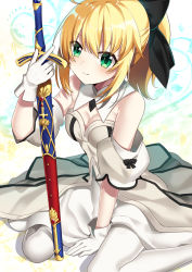 Rule 34 | 10s, 1girl, ahoge, artoria pendragon (fate), bare shoulders, black ribbon, blonde hair, blue eyes, blush, breasts, caliburn (fate), cleavage, detached collar, detached sleeves, dress, fate/extra, fate (series), gloves, green eyes, hair ribbon, highres, ichiren namiro, long hair, ponytail, saber (fate), saber lily, sitting, smile, solo, sword, wariza, weapon, white gloves, white legwear