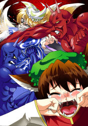 Rule 34 | 2girls, animal ears, battle, blue oni, cat ears, cat girl, chen, closed eyes, crying, female focus, fighting, fox tail, hat, in the face, multiple girls, oni, open mouth, punching, red oni, stomach punch, tail, tears, thick eyebrows, touhou, uvula, violence, warugaki (sk-ii), yakumo ran