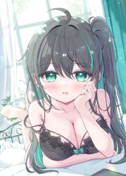 Rule 34 | 1girl, ahoge, arm under breasts, barefoot, black bra, black hair, blush, bra, breasts, cleavage, colored inner hair, commentary request, crossed ankles, feet up, green eyes, green hair, head rest, highres, indoors, large breasts, legs up, long hair, looking at viewer, lying, mikaze oto, multicolored hair, on bed, on stomach, open mouth, original, solo, strap slip, streaked hair, the pose, underwear, underwear only