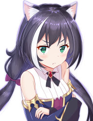 Rule 34 | &gt;:(, 1girl, animal ear fluff, animal ears, bare shoulders, black hair, blue sleeves, blush, bow, breasts, cat ears, closed mouth, commentary request, derivative work, detached sleeves, green eyes, hair bow, karyl (princess connect!), light frown, long hair, long sleeves, looking at viewer, low twintails, multicolored hair, princess connect!, purple bow, shirt, simple background, sleeveless, sleeveless shirt, sleeves past wrists, small breasts, solo, streaked hair, twintails, v-shaped eyebrows, white background, white hair, white shirt, yutsuki warabi