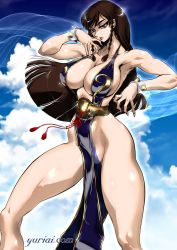 Rule 34 | 1girl, alternate costume, bare legs, bare shoulders, breasts, capcom, china dress, chinese clothes, chun-li, cleavage, cloud, dress, hair down, highres, huge breasts, large breasts, legs, long hair, looking at viewer, sky, solo, street fighter, street fighter v, yuri ai