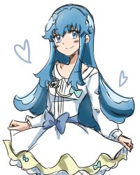 Rule 34 | 10s, 1girl, blue eyes, blue hair, blush, dress, eyelashes, happinesscharge precure!, happy, heart, long hair, looking at viewer, matching hair/eyes, precure, ribbon, shirayuki hime, simple background, sketch, smile, solo, tsukikage oyama, white background, white dress