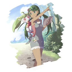 Rule 34 | 1girl, absurdres, closed mouth, cloud, collarbone, commentary request, creatures (company), dark-skinned female, dark skin, day, eyelashes, game freak, gen 7 pokemon, green eyes, green hair, green headband, grey overalls, headband, highres, holding, long hair, mallow (pokemon), nintendo, outdoors, overall shorts, overalls, pink shirt, pointing, pokemon, pokemon (creature), pokemon on back, pokemon sm, shirt, sky, smile, split mouth, standing, steenee, swept bangs, tsunobue, twintails