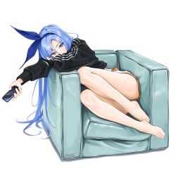 Rule 34 | 1girl, armchair, bare legs, barefoot, black jacket, blue eyes, blue hair, blue hairband, chaesu, chair, commentary, english commentary, hair between eyes, hairband, highres, jacket, long hair, looking at viewer, bae minah (chaesu), orange shorts, original, shorts, simple background, sitting, solo, thighs, very long hair, white background