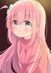 Rule 34 | 1girl, blue eyes, blush, bocchi the rock!, closed mouth, commentary, cube hair ornament, frown, gotoh hitori, hair between eyes, hair ornament, highres, jacket, long hair, long sleeves, looking at viewer, nanami ayane (kusunoki5050), one side up, pink hair, pink jacket, simple background, solo, track jacket, upper body, very long hair