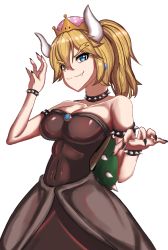 Rule 34 | 1girl, absurdres, bad id, bad pixiv id, bare shoulders, blonde hair, blue eyes, bowsette, bracelet, breasts, cleavage, collar, crown, dress, earrings, fang, highres, horns, jewelry, large breasts, long hair, looking at viewer, mario (series), new super mario bros. u deluxe, nintendo, pointy ears, ponytail, solo, spiked bracelet, spiked collar, spiked shell, spikes, super crown, turtle shell