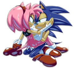 Rule 34 | 1boy, 1girl, amy rose, animal ears, arm wrap, ass, black shirt, blue fur, blue hair, body fur, bottomless, boxing gloves, breasts, breath, clothed female nude male, clothes lift, crop top, cum, cum in pussy, eye contact, from behind, full body, furry, furry female, furry male, girl on top, gloves, green eyes, hairband, half-closed eyes, hand on another&#039;s cheek, happy sex, hetero, kneeling, lifting another&#039;s clothes, long hair, looking at another, nude, pink fur, pink hair, puff of air, red footwear, red gloves, red hairband, rockthebull, sex, shiny clothes, shiny skin, shirt, shirt lift, shoes, short hair, sidelocks, sideways mouth, simple background, single glove, sleeveless, sleeveless shirt, small breasts, smile, sonic (series), sonic the hedgehog, spiked hair, sweat, tail, vaginal, white background, white gloves