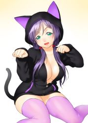 Rule 34 | 10s, 1girl, animal ears, animal hood, blush, breasts, cat hood, cat tail, cleavage, curvy, gradient background, green eyes, hood, hoodie, large breasts, long hair, looking at viewer, love live!, love live! school idol project, naked hoodie, onsoku inu, open mouth, paw pose, purple hair, purple thighhighs, sitting, smile, solo, tail, thick thighs, thighhighs, thighs, tojo nozomi, twintails, wariza, wide hips