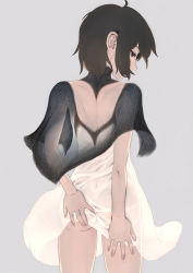 Rule 34 | 1girl, ass, black hair, breasts, brown eyes, cleft of venus, dress, grey background, hand on own ass, hand on own thigh, ico, musen-shiki sanhankikan, no panties, pussy, see-through, see-through dress, short hair, simple background, solo, uncensored, yorda