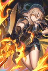Rule 34 | 1girl, black gloves, chinese commentary, commentary, cowboy shot, fanxing (user kydu8524), fire, gloves, grey hair, hair between eyes, highres, holding, holding polearm, holding weapon, honkai: star rail, honkai (series), hood, hooded jacket, jacket, lance, looking ahead, medium hair, miniskirt, open clothes, open jacket, parted lips, polearm, shirt, skirt, solo, stelle (honkai: star rail), thigh strap, trailblazer (honkai: star rail), weapon, white shirt, yellow eyes