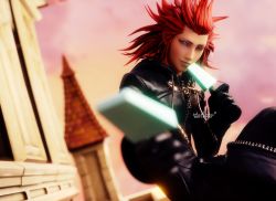 Rule 34 | 1boy, 3d, absurdres, axel (kingdom hearts), black coat, black gloves, clock, clock tower, coat, gloves, green eyes, hair slicked back, highres, holding food, holding ice cream, ice cream, kingdom hearts, kingdom hearts ii, long hair, looking at viewer, male focus, outdoors, red hair, sideburns, sitting, smile, solarasona, solo, spiked hair, square enix, tower, upper body