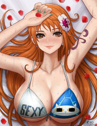 Rule 34 | 1girl, bikini, bikini top only, breasts, brown eyes, cleavage, flower, hair flower, hair ornament, huge breasts, kyopink, large breasts, long hair, lying, nami (one piece), on back, one piece, one piece film: gold, orange hair, petals, shoulder tattoo, smile, solo, swimsuit, tattoo, water, wet
