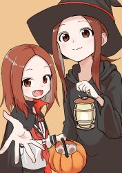 Rule 34 | 2girls, black headwear, black sailor collar, brown eyes, brown hair, closed mouth, commentary request, fangs, food, halloween costume, hat, highres, holding, holding food, holding lantern, holding pumpkin, holding vegetable, inaba mifumi, karakai jouzu no (moto) takagi-san, karakai jouzu no takagi-san, lantern, long sleeves, looking at viewer, medium hair, multiple girls, neckerchief, nishikata chii, open mouth, outstretched hand, pumpkin, red neckerchief, sailor collar, school uniform, shirt, simple background, smile, takagi-san, vampire costume, vegetable, white shirt, witch, witch hat