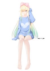 Rule 34 | 1girl, absurdres, aizawa ema, asymmetrical bangs, bare legs, barefoot, blonde hair, blue eyes, blue hair, blue shirt, blunt bangs, bow, cellphone, gradient hair, hair between eyes, highres, light blue hair, long hair, looking at viewer, multicolored hair, nouto, oversized clothes, oversized shirt, phone, pink bow, shirt, simple background, sleeves past fingers, sleeves past wrists, smartphone, solo, towel, towel on head, very long hair, virtual youtuber, vspo!, white background