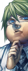 Rule 34 | 1boy, blonde hair, blue eyes, blue necktie, closed mouth, collared shirt, commentary request, danganronpa (series), danganronpa 2: goodbye despair, eyelashes, fat, fat man, fingernails, glasses, hair between eyes, hands on own chin, irohara mitabi, jacket, light frown, lips, long sleeves, looking at viewer, male focus, necktie, open clothes, open jacket, shirt, short hair, simple background, solo, togami byakuya (danganronpa 2), upper body, white-framed eyewear, white background, white jacket, white shirt, white sleeves
