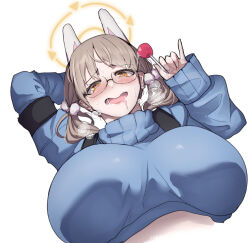 Rule 34 | 1girl, animal ears, blue archive, blue sweater, blush, breasts, brown hair, candy, cropped sweater, drooling, fake animal ears, food, hair ornament, halo, heart, heavy breathing, holding, holding candy, holding food, holding lollipop, large breasts, lollipop, long hair, looking at viewer, low twintails, mikichika, moe (blue archive), mouth drool, open mouth, pom pom (clothes), pom pom hair ornament, rabbit platoon (blue archive), round eyewear, saliva, solo, sweat, sweater, symbol-shaped pupils, twintails, yellow halo