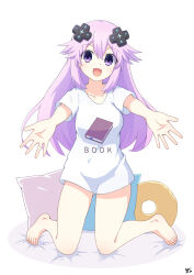 Rule 34 | 1girl, :d, adult neptune, barefoot, bed sheet, book print, breasts, collarbone, commentary, d-pad, d-pad hair ornament, feet, full body, hair between eyes, hair ornament, highres, kneeling, large breasts, light blush, long hair, looking at viewer, neptune (series), no pants, open hands, open mouth, outstretched arms, pillow, purple eyes, purple hair, shirt, short sleeves, signature, simple background, smile, solo, straight-on, t-shirt, toenails, toes, very long hair, white background, white shirt, yashi (hayashiki0404)