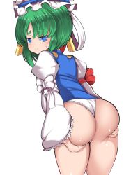 Rule 34 | 1girl, :t, ass, ass grab, ass hold, blue eyes, doku corne, female focus, from behind, grabbing own ass, green hair, hat, highres, looking back, panties, shiki eiki, shiny skin, simple background, skindentation, smile, solo, touhou, underwear, white background, white panties