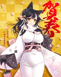 Rule 34 | 1girl, animal ears, atago (azur lane), azur lane, black gloves, black hair, blush, breasts, checkered background, closed mouth, closed umbrella, fur collar, gloves, hair ribbon, holding, inoue tomii, japanese clothes, kimono, large breasts, long hair, long sleeves, looking at viewer, mole, mole under eye, obi, petals, ribbon, sash, smile, solo, sparkle, standing, swept bangs, translation request, umbrella, white kimono, wide sleeves, yellow eyes