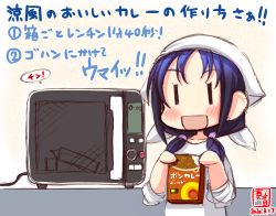 Rule 34 | 1girl, alternate costume, artist logo, bandana, blue hair, box, commentary request, curry, dated, food, kanon (kurogane knights), kantai collection, long hair, low twintails, oven, ribbon, shirt, simple background, sleeves rolled up, smile, solo, standing, suzukaze (kancolle), translation request, twintails, upper body, white background, white shirt, | |, || ||