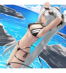 Rule 34 | 1girl, a.nori, arms up, artist name, bikini, black choker, blue archive, blue sky, breasts, choker, cleavage, cloud, dark-skinned female, dark skin, demon tail, from side, grey hair, hair over one eye, halo, highleg, highleg bikini, iori (blue archive), iori (swimsuit) (blue archive), letterboxed, long hair, multi-strapped bikini bottom, navel, outside border, parted lips, red eyes, rock, side-tie bikini bottom, sky, small breasts, solo, stomach, string bikini, striped bikini, striped clothes, swimsuit, tail, thigh strap, thighs, very long hair, wading, water