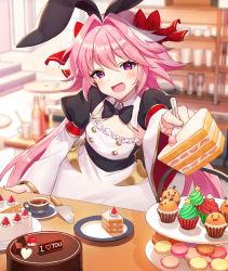 Rule 34 | 1boy, animal ears, arm at side, astolfo (fate), astolfo (saber) (fate), astolfo (saber) (third ascension) (fate), bad id, bad pixiv id, black bow, black bowtie, blurry, blurry background, bow, bowtie, cake, cake slice, chocolate, chocolate cake, cup, cupcake, detached collar, dress, fake animal ears, fang, fate/grand order, fate (series), feeding, food, fork, frills, fruit, giving, hair bow, hair intakes, highres, holding, holding fork, incoming food, indoors, juliet sleeves, long hair, long sleeves, looking at viewer, macaron, male focus, multicolored hair, open mouth, outstretched arm, pink hair, plate, pn (wnsl216), pov feeding, puffy sleeves, purple eyes, rabbit ears, red bow, saucer, smile, solo, spatula, strawberry, strawberry shortcake, streaked hair, table, tea, teacup, tiered tray, trap, upper body, very long hair, white hair