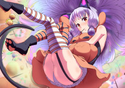 Rule 34 | 10s, 1girl, alternate costume, animal ears, ass, bare shoulders, blunt bangs, cat ears, cat tail, food, from below, garter straps, hair ribbon, hairband, halloween, highres, hugging object, jack-o&#039;-lantern, kantai collection, lips, looking at viewer, meria (rahxephon5), miniskirt, mouth hold, murakumo (kancolle), orange eyes, orange skirt, panties, paw shoes, pocky, pumpkin, red ribbon, ribbon, shoes, sidelocks, silver hair, skindentation, skirt, skirt set, smile, solo, striped clothes, striped thighhighs, tail, thighhighs, thighs, underwear, white panties