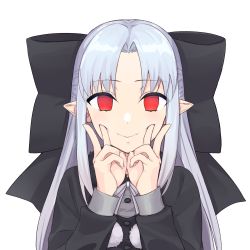 Rule 34 | 1girl, apo (apos2721), black bow, black dress, bow, commentary, double v, dress, empty eyes, fingersmile, hair bow, highres, large bow, len (tsukihime), long hair, long sleeves, pointy ears, red eyes, simple background, smile, solo, tsukihime, v, white background, white hair