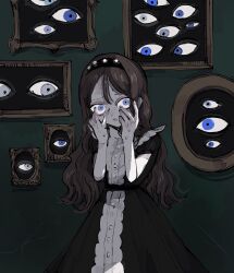 Rule 34 | 1girl, belt, black dress, blue eyes, brown hair, buttons, center frills, disembodied eye, dress, frilled dress, frills, green background, grey eyes, hair between eyes, hairband, hands on own face, highres, horror (theme), long hair, original, picture frame, satou uzura, scared, solo, sweat, wavy hair, wide-eyed