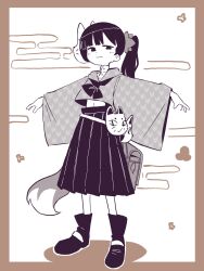 Rule 34 | 1girl, absurdres, backpack, bag, black eyes, black hair, black skirt, boots, border, brown border, buttons, closed mouth, egasumi, fox mask, fox tail, full body, grey shirt, hair ornament, hair scrunchie, high collar, highres, limited palette, looking at viewer, mask, medium hair, midriff, navel, orenji (orenjipiiru), original, petite, pleated skirt, ponytail, randoseru, scrunchie, shirt, skirt, smirk, standing, tail, unworn mask, wide sleeves