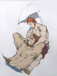 Rule 34 | abs, armpits, bara, beard, blue eyes, blue male swimwear, brown hair, closed eyes, facial hair, fate/grand order, fate (series), full body, hand in another&#039;s hair, hand on another&#039;s thigh, highres, iskandar (fate), luboyaqqz, male focus, male swimwear, multiple boys, muscular, napoleon bonaparte (fate), nipples, on lap, pectorals, popsicle stick, pubic hair, red hair, red male swimwear, red swim trunks, sandals, shorts, simple background, smile, swim trunks, swimsuit, teeth, umbrella, yaoi