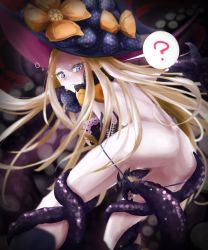 Rule 34 | 1girl, abigail williams (fate), ass, black bow, black panties, blonde hair, blue eyes, blush, bow, embarrassed, fate/grand order, fate (series), from behind, gloves, hat, hat bow, highres, long hair, orange bow, panties, pussy, revealing clothes, solo, star (symbol), star print, tentacles, underwear, very long hair, witch hat