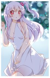 Rule 34 | 1girl, ahoge, blurry, blurry background, blush, breasts, dress, hair bobbles, hair ornament, highres, long hair, looking at viewer, one side up, open mouth, red eyes, shinki (touhou), silver hair, sleeve, solo, touhou, touhou (pc-98), tree shade, white dress, zerokosan