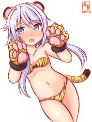 Rule 34 | 1girl, alternate costume, animal ears, animal hands, animal print, artist logo, bikini, blue eyes, blush, breasts, collarbone, commentary request, cowboy shot, dated, embarrassed, fake animal ears, fang, gloves, kanon (kurogane knights), kantai collection, looking at viewer, nose blush, one-hour drawing challenge, paw gloves, purple hair, short hair, short hair with long locks, simple background, skin fang, small breasts, solo, strapless, strapless bikini, swimsuit, tail, tan, tiger ears, tiger print, tiger tail, white background, yayoi (kancolle)