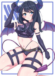 Rule 34 | 1girl, arm up, black gloves, black hair, black panties, blue eyes, blush, closed mouth, demon girl, demon horns, demon tail, demon wings, elbow gloves, fake horns, fake tail, fake wings, framed, freedom xdrive, gloves, gridman universe, gridman universe (film), highres, horns, long hair, navel, panties, skindentation, solo, ssss.gridman, stomach, tail, takarada rikka, thick thighs, thigh strap, thighs, underwear, white background, wings