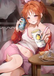 Rule 34 | 1girl, abe nana, absurdres, alcohol, beer, blush, bra strap, brand name imitation, breasts, can, cleavage, collarbone, eyelashes, film grain, hair ornament, hair ribbon, hair up, half-closed eyes, highres, holding, holding can, huge filesize, idolmaster, idolmaster cinderella girls, jacket, jacket on shoulders, knees, large breasts, light smile, looking at viewer, midriff, navel, ningen mame, open mouth, pink ribbon, red jacket, ribbon, shorts, sitting, sleepwear, smile, solo, stomach, tank top, thighs