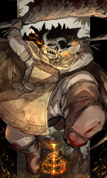 Rule 34 | 1other, apron, arms up, blood, blood on clothes, boots, brown footwear, brown gloves, covered face, dual wielding, elden ring, fighting stance, fire, full body, gloves, grey shirt, highres, holding, holding sword, holding weapon, jumping, kankan33333, long sleeves, mask, omenkiller (elden ring), shirt, sword, weapon