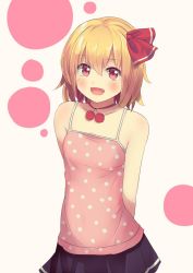 Rule 34 | 1girl, alternate costume, arms behind back, bare arms, black skirt, blonde hair, blush, casual, culter, fang, hair ribbon, looking at viewer, miniskirt, open mouth, pleated skirt, polka dot, red eyes, red ribbon, ribbon, rumia, skirt, smile, solo, touhou, white background