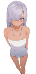Rule 34 | 1girl, absurdres, arms behind back, blunt bangs, blush, breasts, cleavage, closed mouth, collarbone, commentary request, dark-skinned female, dark skin, grey hair, hair over one eye, hair over shoulder, highres, legs, light blush, long hair, looking at viewer, purple eyes, red eyes, simple background, small breasts, solo, tenka hyakken, thighhighs, torikai rai kunitsugu, towel, white background, xochi (nueeen6978)