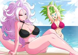 Rule 34 | 2girls, abs, absurdres, android 21, arm support, beach, bikini, black sclera, blue eyes, breasts, choker, colored sclera, dragon ball, dragon ball fighterz, dragon ball super, earrings, green hair, highres, hoop earrings, huge breasts, jewelry, kefla (dragon ball), large breasts, long hair, looking at viewer, lying, majin android 21, multiple girls, muscular, muscular female, navel, red eyes, saiyan, spiked hair, stretching, sunlight, super saiyan, swimsuit, tail, thighs, white hair
