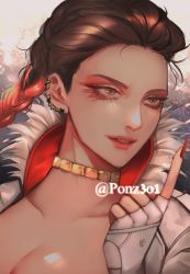 Rule 34 | 1girl, apex legends, braid, breasts, brown hair, cleavage, collarbone, dark-skinned female, dark skin, eyeshadow, gold choker, gradient hair, hair behind ear, highres, light smile, loba (apex legends), looking to the side, makeup, multicolored hair, nail polish, parted lips, pointing, pointing up, portrait, red eyeshadow, red hair, red nails, solo, tama (ponz3o1), twin braids