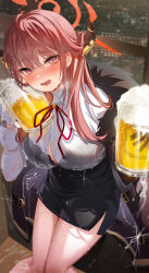 Rule 34 | 1girl, absurdres, alcohol, aru (blue archive), beer, beer mug, black bra, black skirt, blue archive, blush, bra, breasts, brown coat, coat, coat on shoulders, collared shirt, cup, demon horns, fur-trimmed coat, fur trim, gloves, halo, heart, heart-shaped pupils, high-waist skirt, highres, holding, holding cup, horns, large breasts, long hair, long sleeves, looking at viewer, mug, neck ribbon, open mouth, pencil skirt, pink hair, ribbon, see-through, see-through shirt, shirt, shirt tucked in, skirt, solo, symbol-shaped pupils, tansuan (ensj3875), thighs, underwear, wet, wet clothes, white shirt, yellow eyes