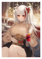 Rule 34 | 1girl, alternate costume, azur lane, black skirt, breasts, cup, highres, holding, holding cup, indoors, large breasts, light smile, long sleeves, looking at viewer, maitei roppa, miniskirt, multicolored hair, orange eyes, pleated skirt, prinz eugen (azur lane), puffy sleeves, red hair, sitting, skirt, solo, streaked hair, stuffed animal, stuffed toy, sweater, teddy bear, turtleneck, turtleneck sweater, two-tone hair, white hair