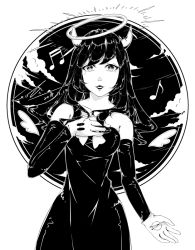 Rule 34 | 1girl, alice (bendy and the ink machine), bendy and the ink machine, black hair, black lips, breasts, detached sleeves, gloves, halo, hip focus, horns, long hair