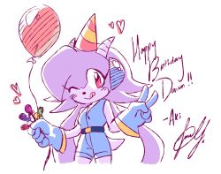 Rule 34 | 1girl, :d, ;p, bad id, bad twitter id, balloon, candy, cone, dragon, dragon tail, eyelashes, food, freedom planet, furry, furry female, galaxytrail, gloves, happy birthday, hat, headgear, heart, horns, jeto (jetopyon), lollipop, looking at viewer, one eye closed, open mouth, party hat, pink eyes, purple hair, sash lilac, smile, solo, tail, tongue, tongue out, twintails, unitard, v, white background, wink