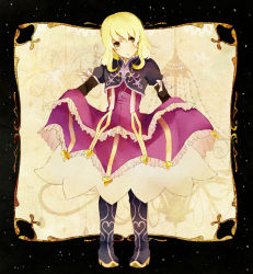 Rule 34 | 1girl, bad id, bad pixiv id, blonde hair, boots, clothes lift, dress, dress lift, elize lutus, grey eyes, heart, jewelry, necklace, purple dress, purple footwear, skirt, skirt lift, solo, standing, tales of (series), tales of xillia, xxxceller